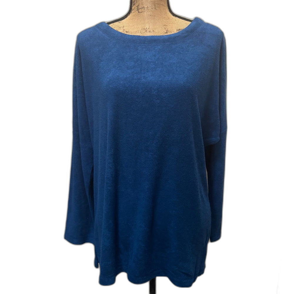 Natori French Terry Loungwear Top Long Sleeve Pullover Blue Cozycore Size Medium
